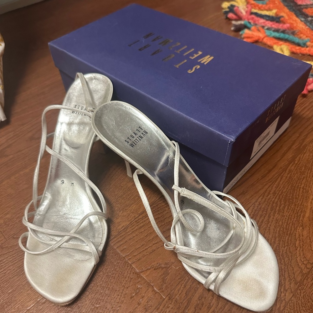 Size 9 Stuart Weitzman dye-able shoes, slight wear, Converge White Satin